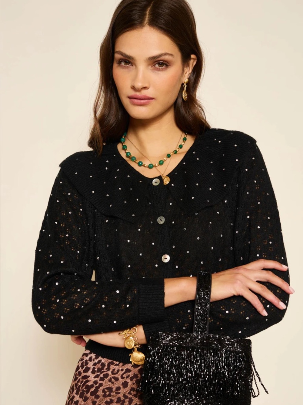 RIXO Jelena Embellished Knitted Cardigan Sweater Black Ruffle Size Small NWT NEW